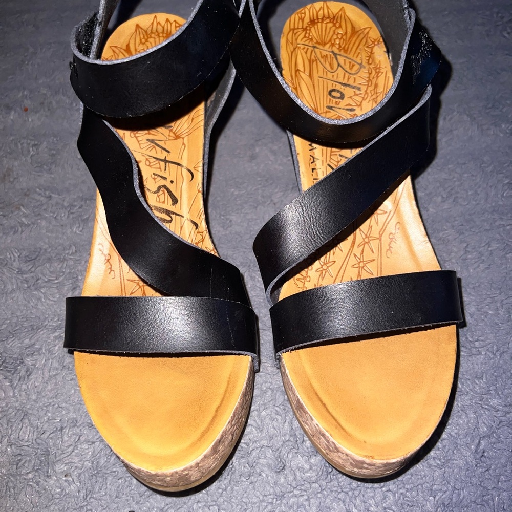 Blowfish Black and Tan Strappy Wedges
